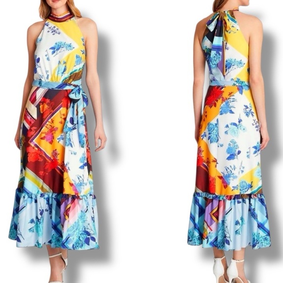 Tahari Dresses & Skirts - Tahari ASL Blue/Yellow Multi Floral Sleeveless Flounce-Hem Maxi Dress Size 8P